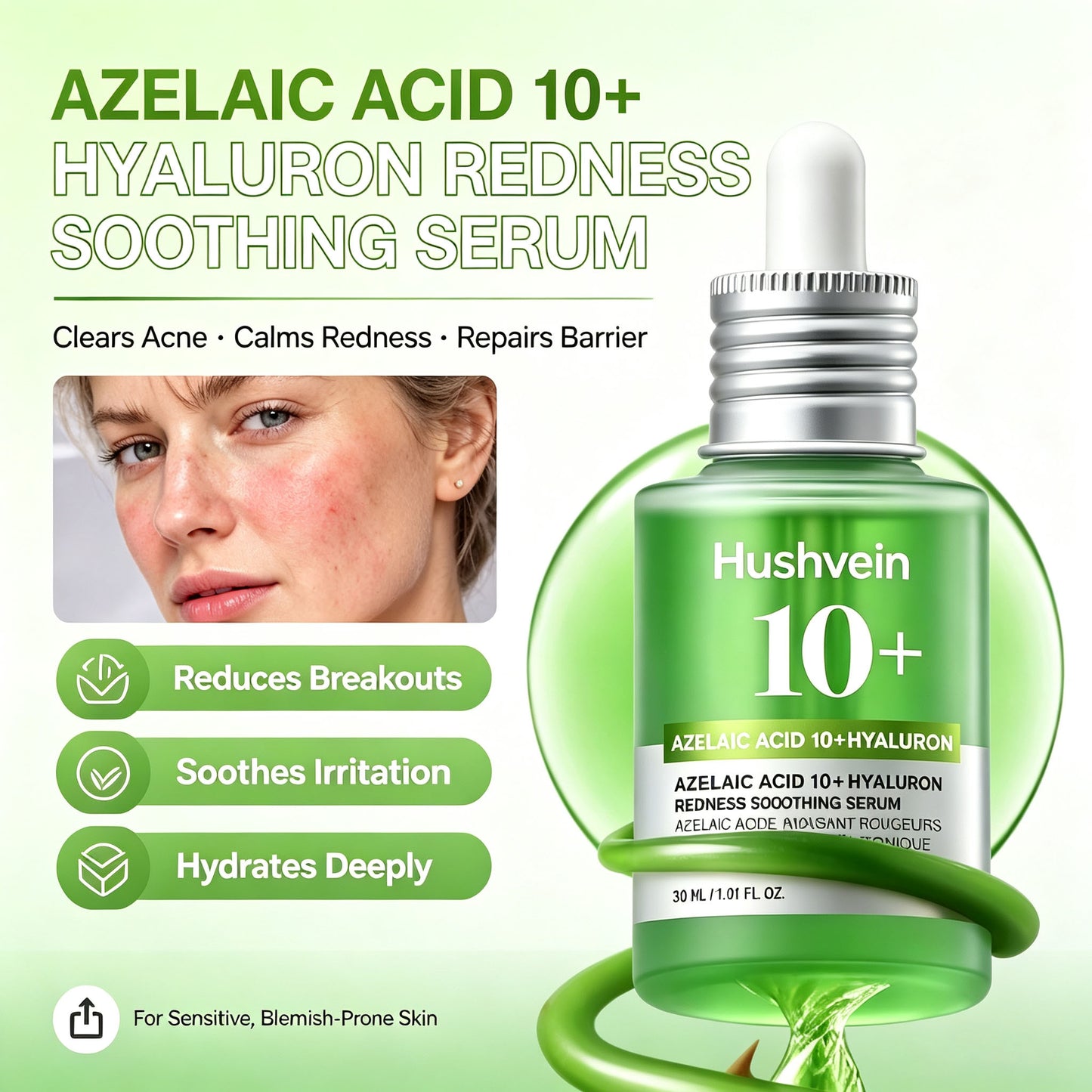 Hushvein 10% Azelaic Acid & Hyaluronic Acid Soothing & Redness-Relief Serum 30ml (1.01 fl.oz.) | Specially formulated for acne-prone and oily skin—soothes, reduces redness; suitable for sensitive and acne-prone skin