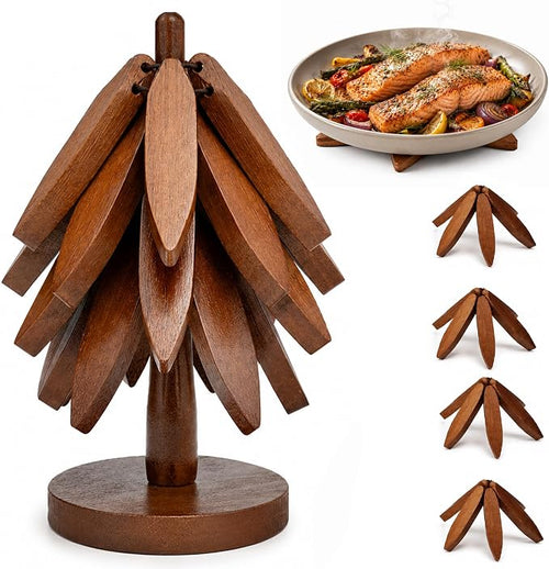 Wooden Heat-Resistant Trivet (Tree-Shaped Set) – Foldable Wooden Kitchen Trivet for Hot Dishes, Pots, Bowls, Teapots, and Hot Pots