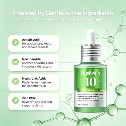 Hushvein 10% Azelaic Acid & Hyaluronic Acid Soothing & Redness-Relief Serum 30ml (1.01 fl.oz.) | Specially formulated for acne-prone and oily skin—soothes, reduces redness; suitable for sensitive and acne-prone skin