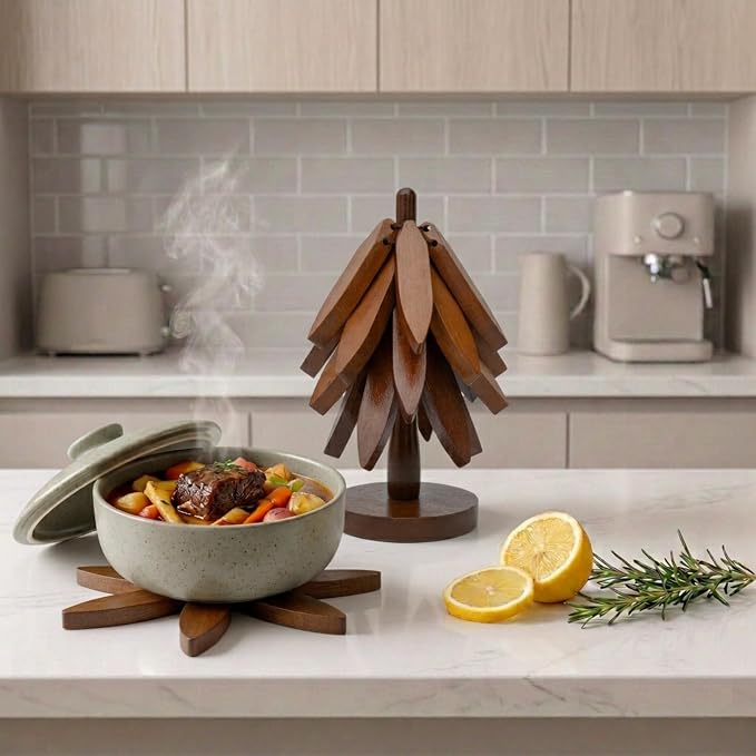 Wooden Heat-Resistant Trivet (Tree-Shaped Set) – Foldable Wooden Kitchen Trivet for Hot Dishes, Pots, Bowls, Teapots, and Hot Pots