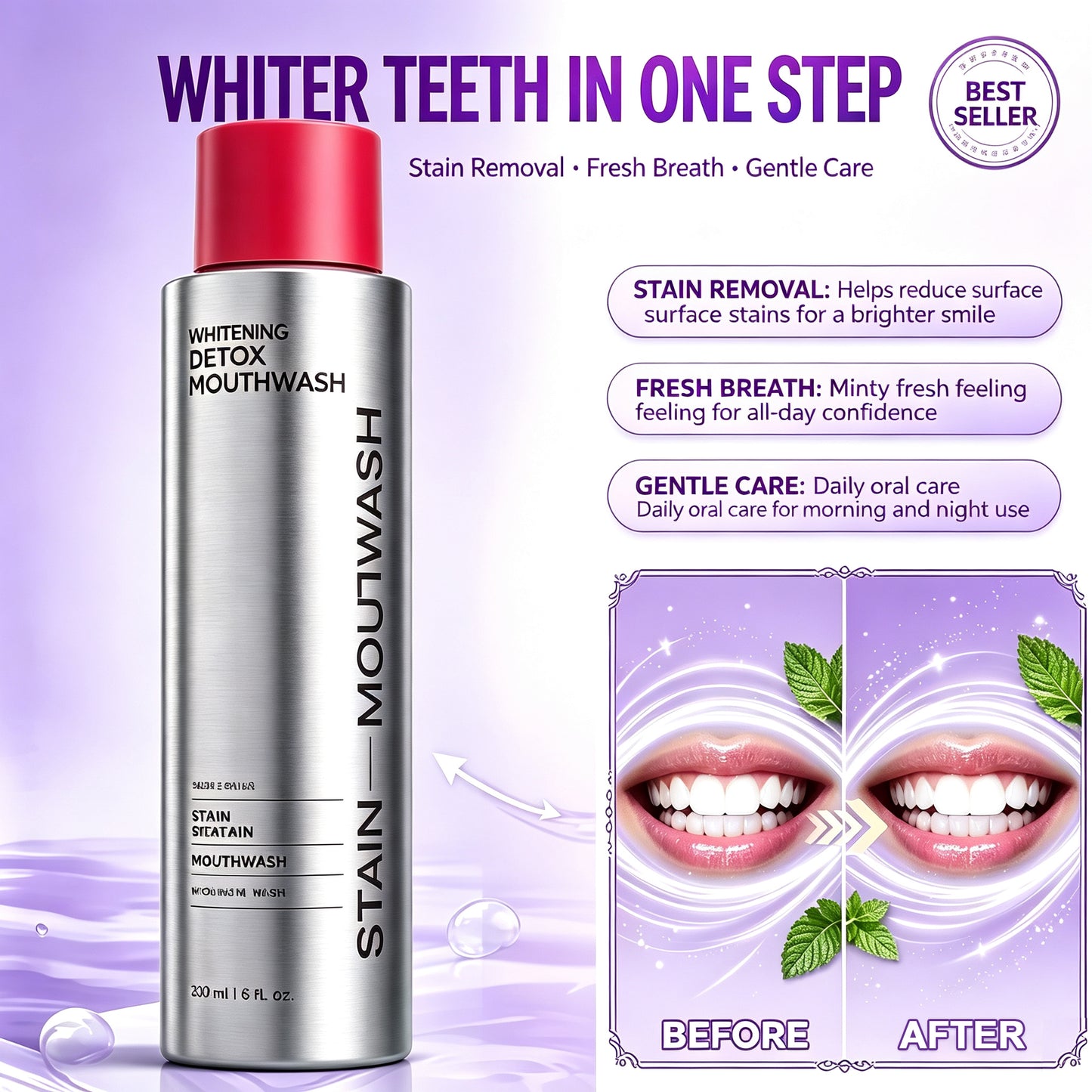 Hushvein Bright White Mouthwash——FDA-approved，Gentle whitening & revealing your brighter smile.