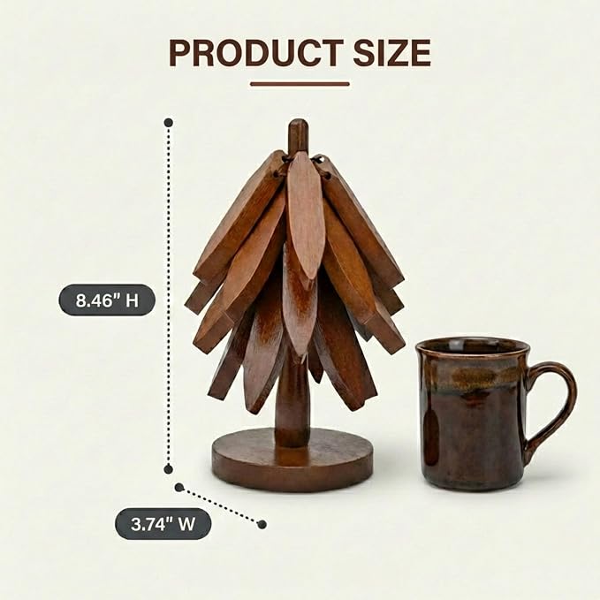 Wooden Heat-Resistant Trivet (Tree-Shaped Set) – Foldable Wooden Kitchen Trivet for Hot Dishes, Pots, Bowls, Teapots, and Hot Pots