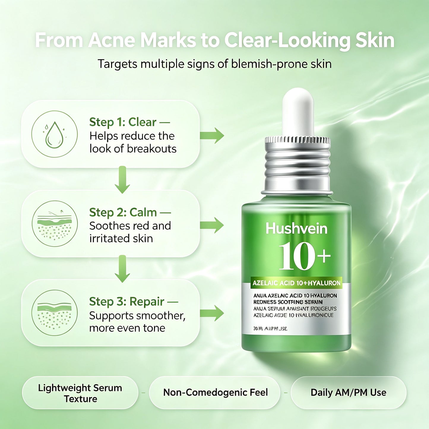 Hushvein 10% Azelaic Acid & Hyaluronic Acid Soothing & Redness-Relief Serum 30ml (1.01 fl.oz.) | Specially formulated for acne-prone and oily skin—soothes, reduces redness; suitable for sensitive and acne-prone skin