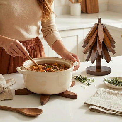 Wooden Heat-Resistant Trivet (Tree-Shaped Set) – Foldable Wooden Kitchen Trivet for Hot Dishes, Pots, Bowls, Teapots, and Hot Pots