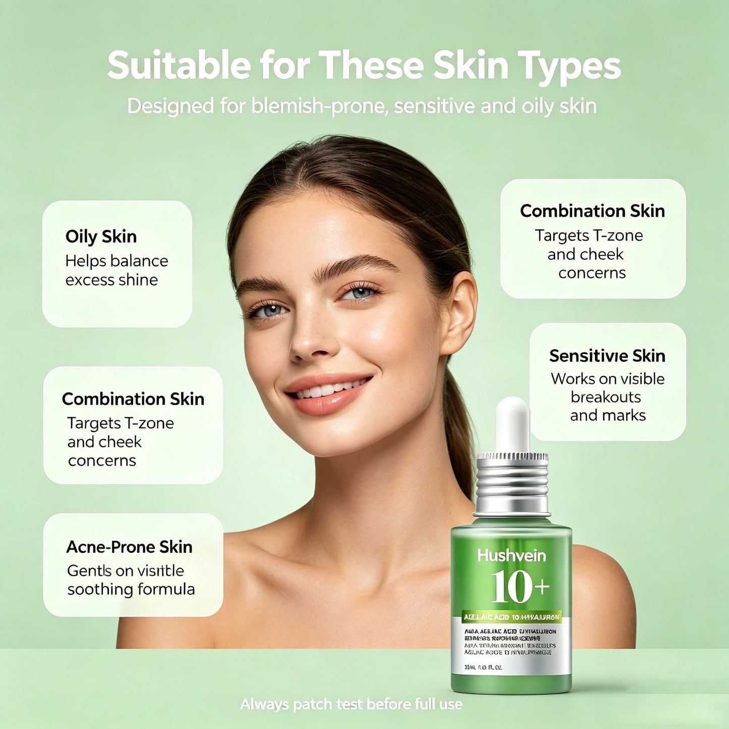 Hushvein 10% Azelaic Acid & Hyaluronic Acid Soothing & Redness-Relief Serum 30ml (1.01 fl.oz.) | Specially formulated for acne-prone and oily skin—soothes, reduces redness; suitable for sensitive and acne-prone skin