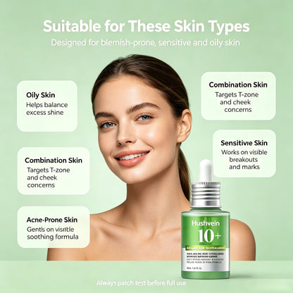 Hushvein 10% Azelaic Acid & Hyaluronic Acid Soothing & Redness-Relief Serum 30ml (1.01 fl.oz.) | Specially formulated for acne-prone and oily skin—soothes, reduces redness; suitable for sensitive and acne-prone skin