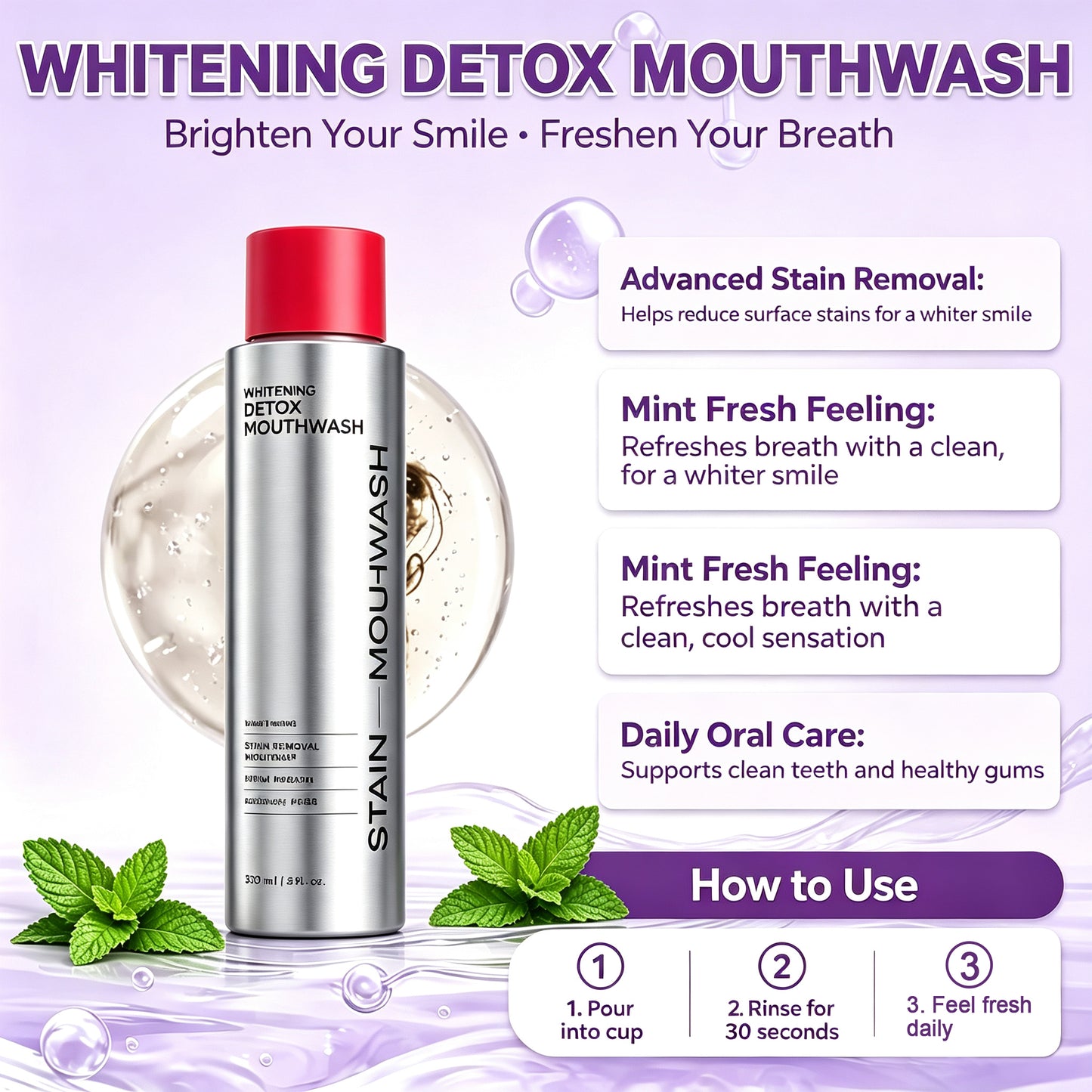 Hushvein Bright White Mouthwash——FDA-approved，Gentle whitening & revealing your brighter smile.