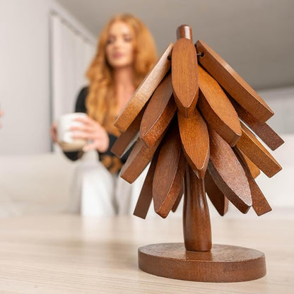 Wooden Heat-Resistant Trivet (Tree-Shaped Set) – Foldable Wooden Kitchen Trivet for Hot Dishes, Pots, Bowls, Teapots, and Hot Pots