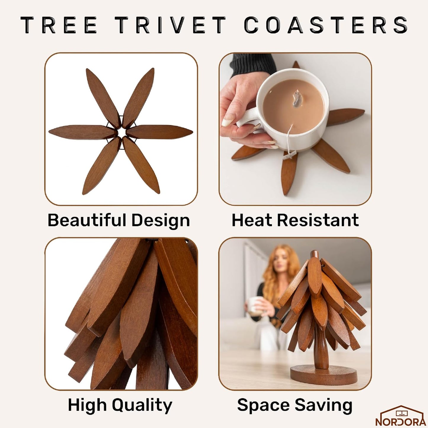Wooden Heat-Resistant Trivet (Tree-Shaped Set) – Foldable Wooden Kitchen Trivet for Hot Dishes, Pots, Bowls, Teapots, and Hot Pots