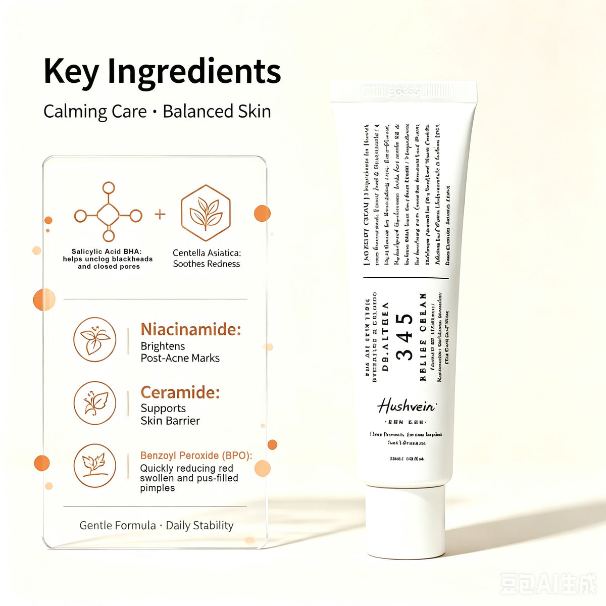 Hushvein 345 Relief Cream, 1.69 Fl Oz (Ver.2 - Pack of 1) | PDRN, Hyaluronic Acid for Instant Hydration, Blemish, Post-Acne Vegan Face Moisturizer with Centella, Non-comedogenic