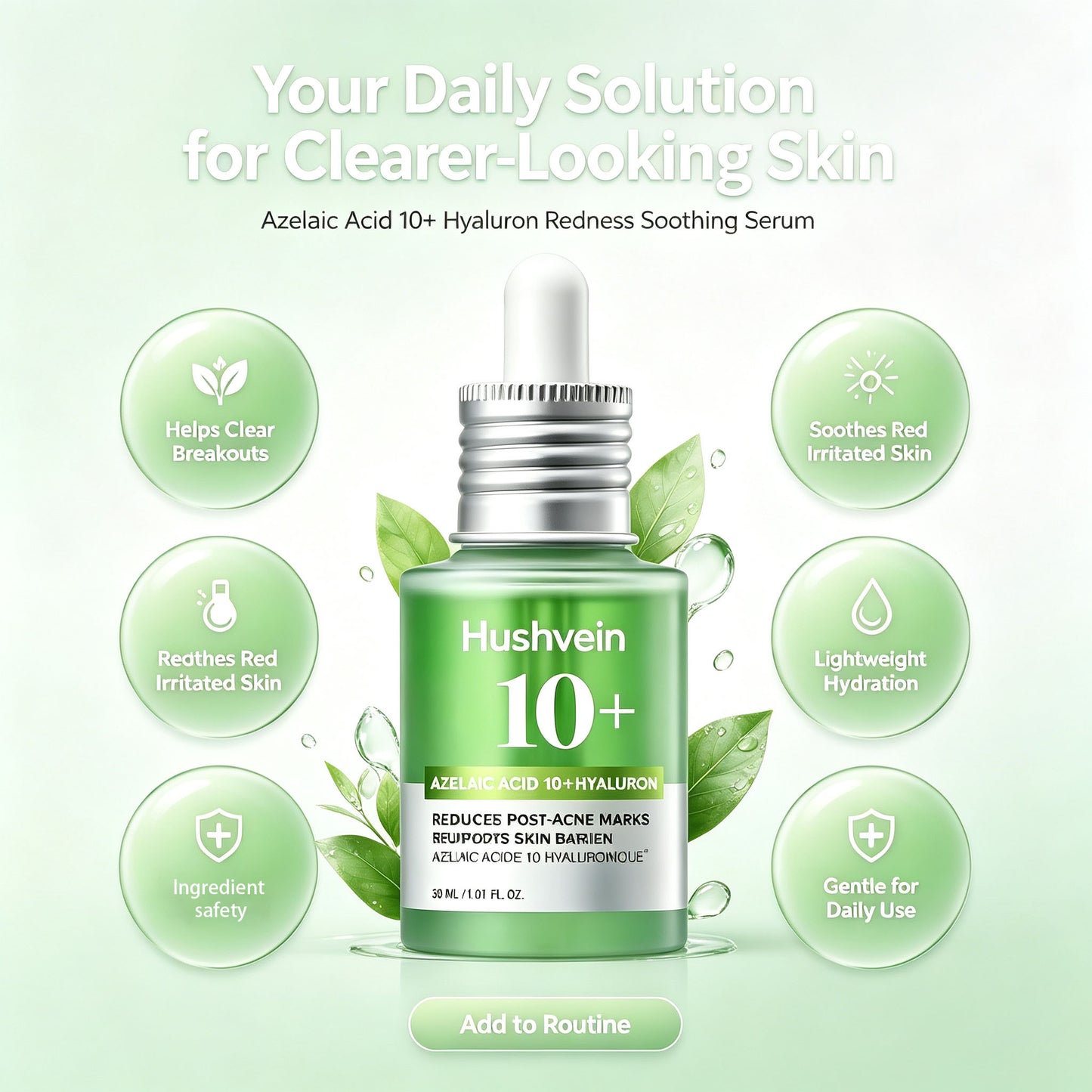 Hushvein 10% Azelaic Acid & Hyaluronic Acid Soothing & Redness-Relief Serum 30ml (1.01 fl.oz.) | Specially formulated for acne-prone and oily skin—soothes, reduces redness; suitable for sensitive and acne-prone skin