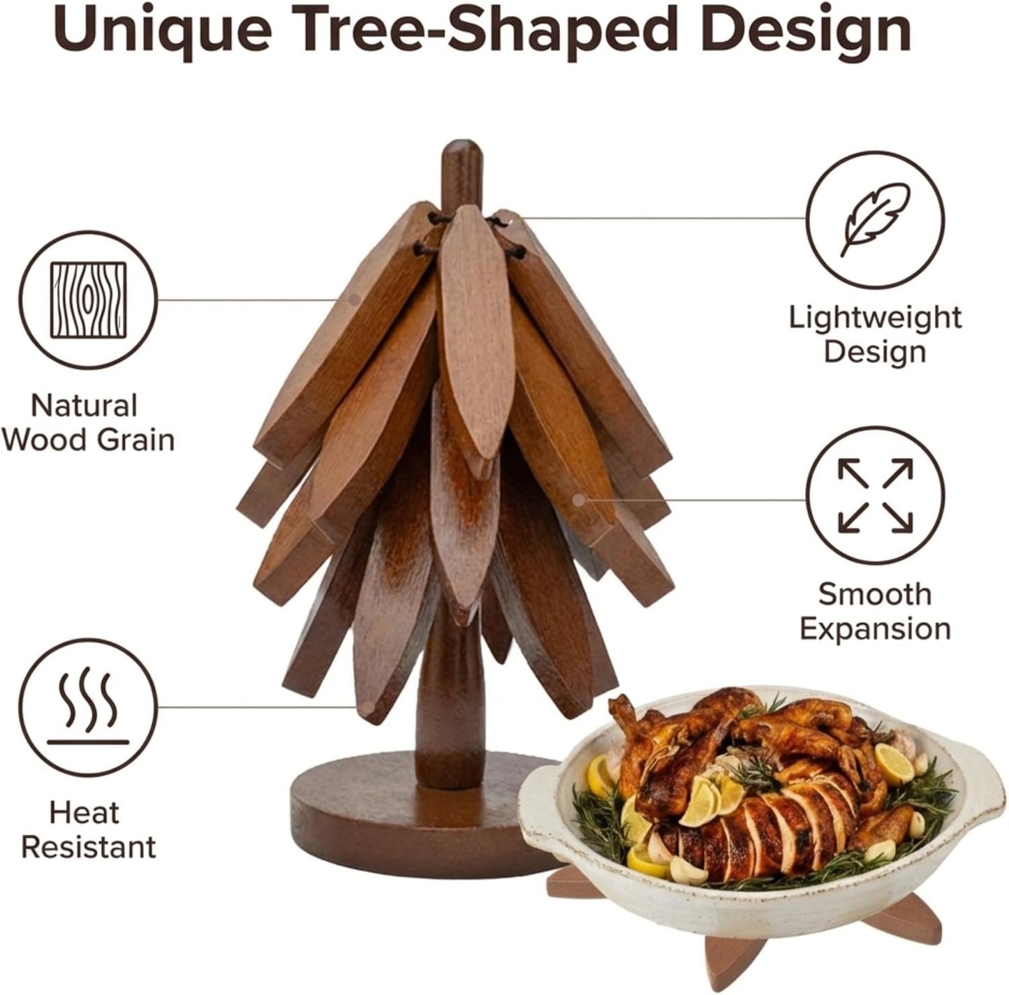 Wooden Heat-Resistant Trivet (Tree-Shaped Set) – Foldable Wooden Kitchen Trivet for Hot Dishes, Pots, Bowls, Teapots, and Hot Pots