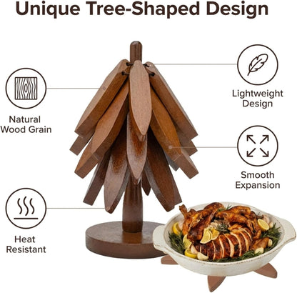 Wooden Heat-Resistant Trivet (Tree-Shaped Set) – Foldable Wooden Kitchen Trivet for Hot Dishes, Pots, Bowls, Teapots, and Hot Pots