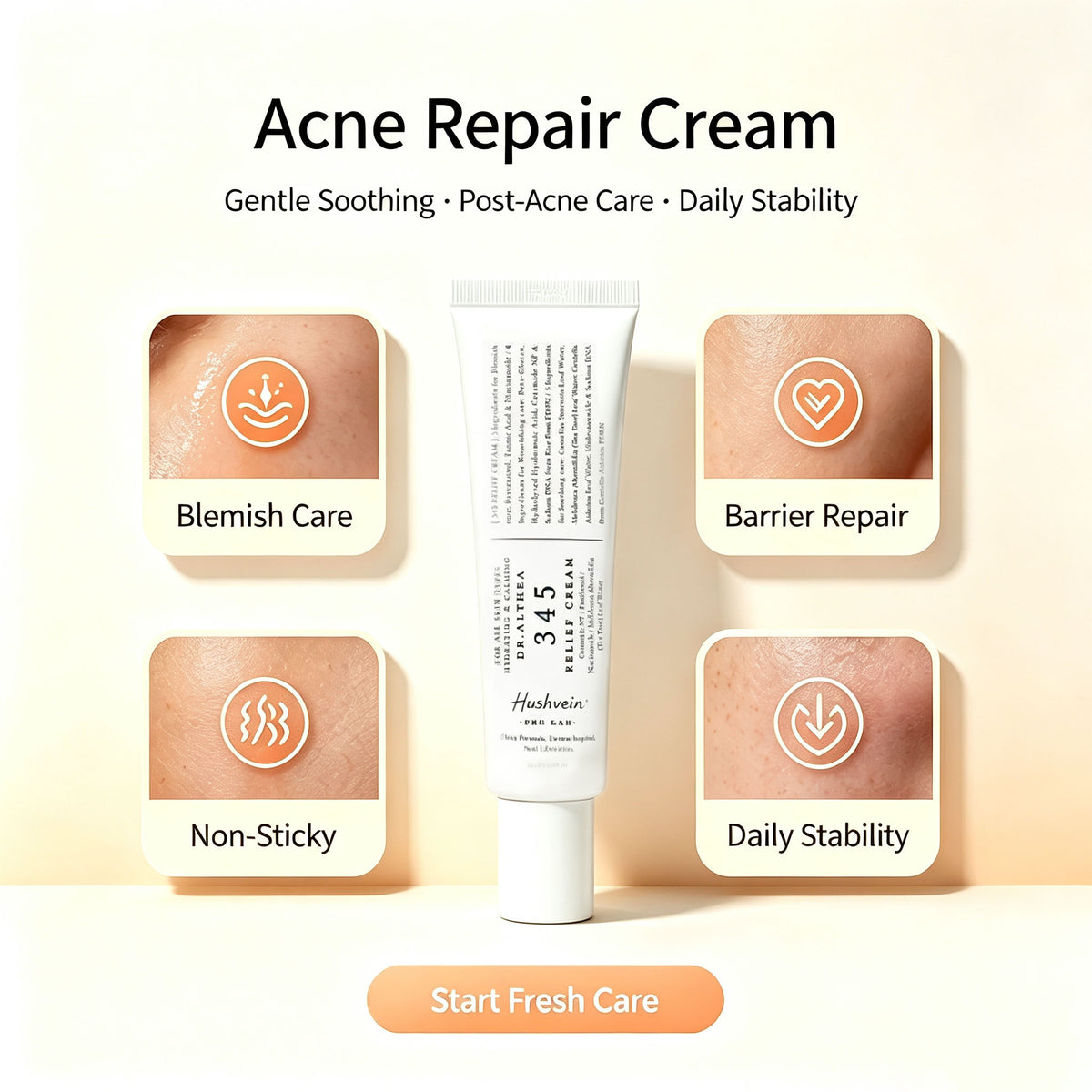 Hushvein 345 Relief Cream, 1.69 Fl Oz (Ver.2 - Pack of 1) | PDRN, Hyaluronic Acid for Instant Hydration, Blemish, Post-Acne Vegan Face Moisturizer with Centella, Non-comedogenic