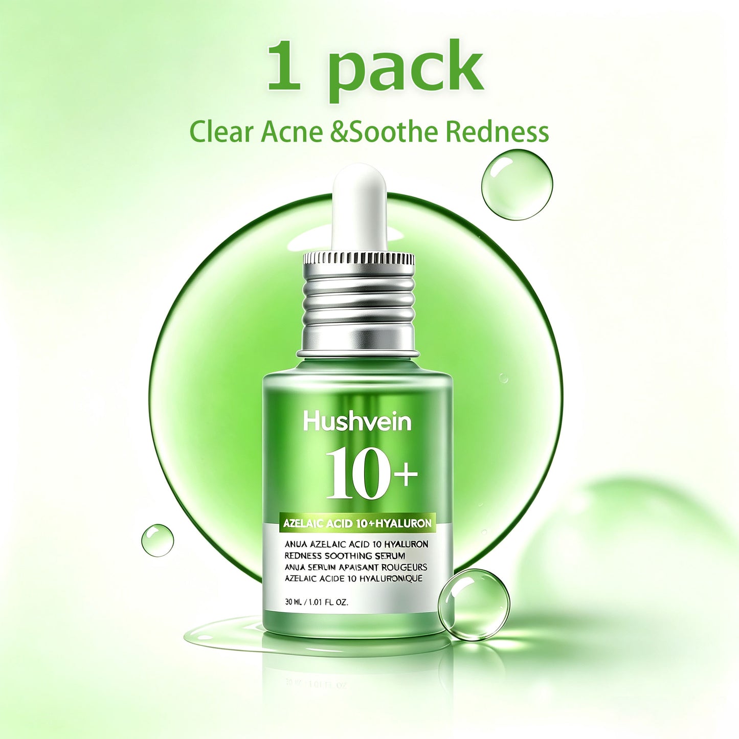 Hushvein 10% Azelaic Acid & Hyaluronic Acid Soothing & Redness-Relief Serum 30ml (1.01 fl.oz.) | Specially formulated for acne-prone and oily skin—soothes, reduces redness; suitable for sensitive and acne-prone skin