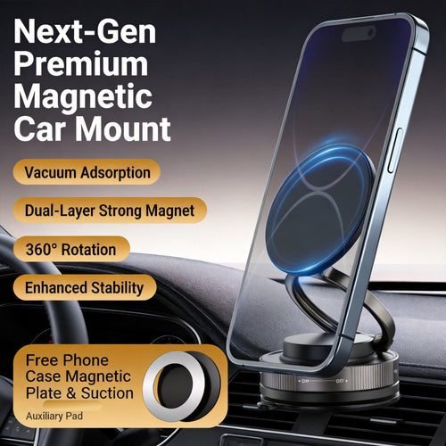 Magnetic Phone Holder — 360° adjustable, foldable design; suitable for various settings such as vehicles, wooden surfaces, mirrors, and walls.