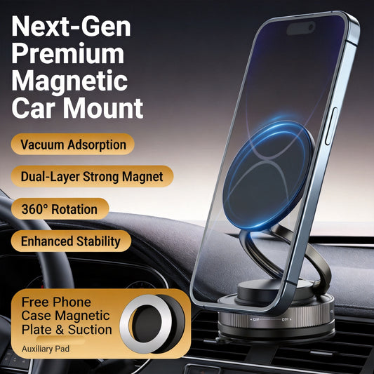 Magnetic Phone Holder — 360° adjustable, foldable design; suitable for various settings such as vehicles, wooden surfaces, mirrors, and walls.