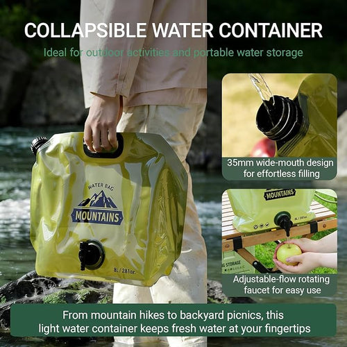 Collapsible Water Container 8L/2.1 Gallon Camping Water Jug with Adjustable Faucet, Leakproof BPA Free Food Grade Water Bag for Camping Backpack Hiking Emergency Prep