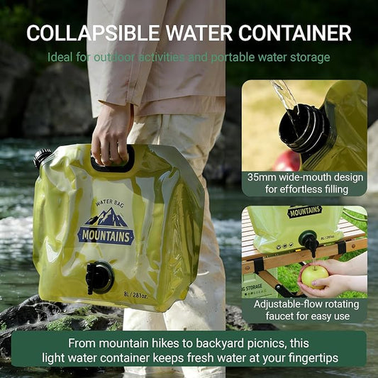 Collapsible Water Container 8L/2.1 Gallon Camping Water Jug with Adjustable Faucet, Leakproof BPA Free Food Grade Water Bag for Camping Backpack Hiking Emergency Prep