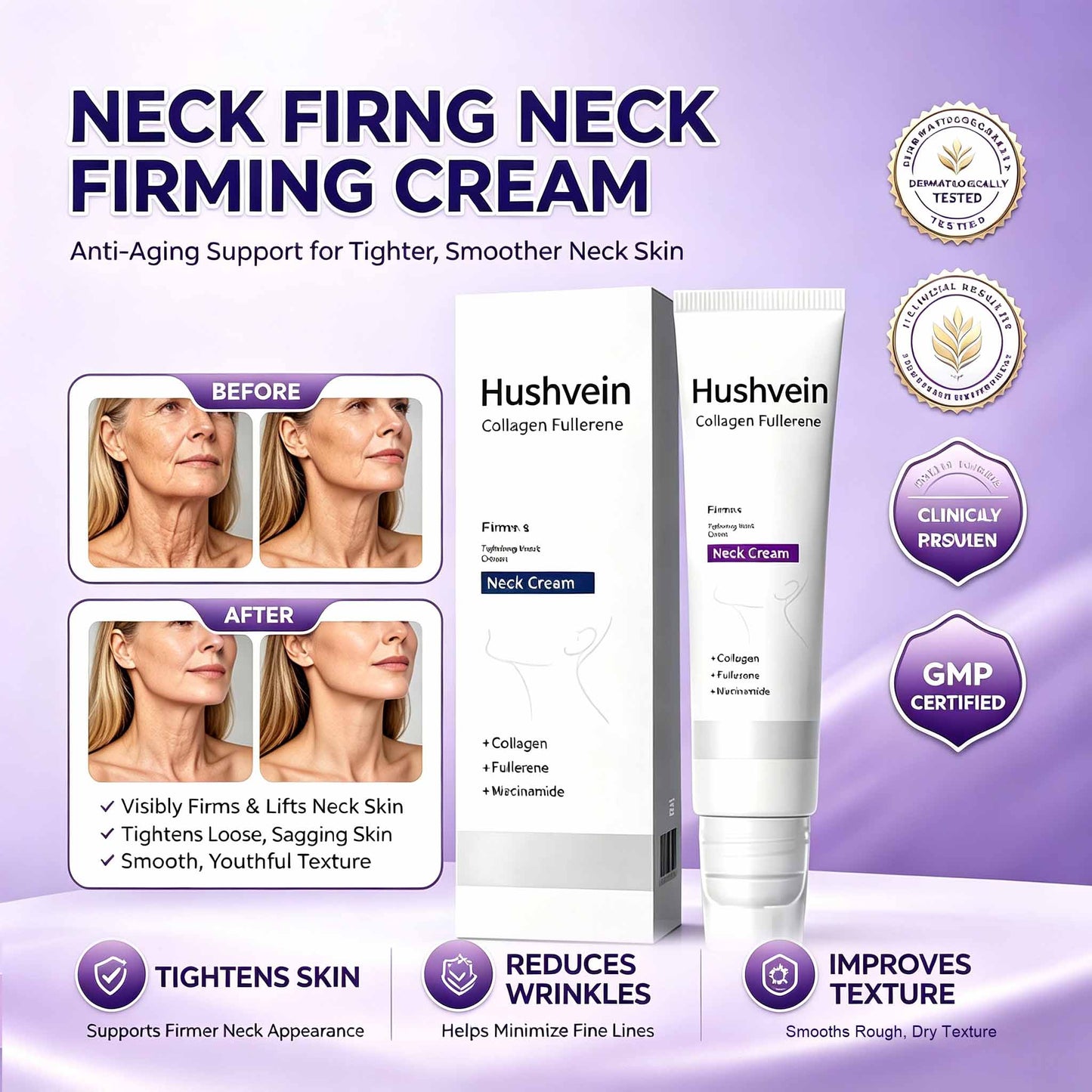 Hushvein Roller Massage Neck Cream Collagen & Hyaluronic Acid | Firms Neck, Reduces Wrinkles