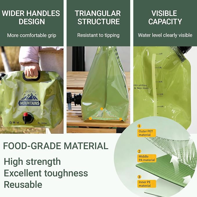 Collapsible Water Container 8L/2.1 Gallon Camping Water Jug with Adjustable Faucet, Leakproof BPA Free Food Grade Water Bag for Camping Backpack Hiking Emergency Prep