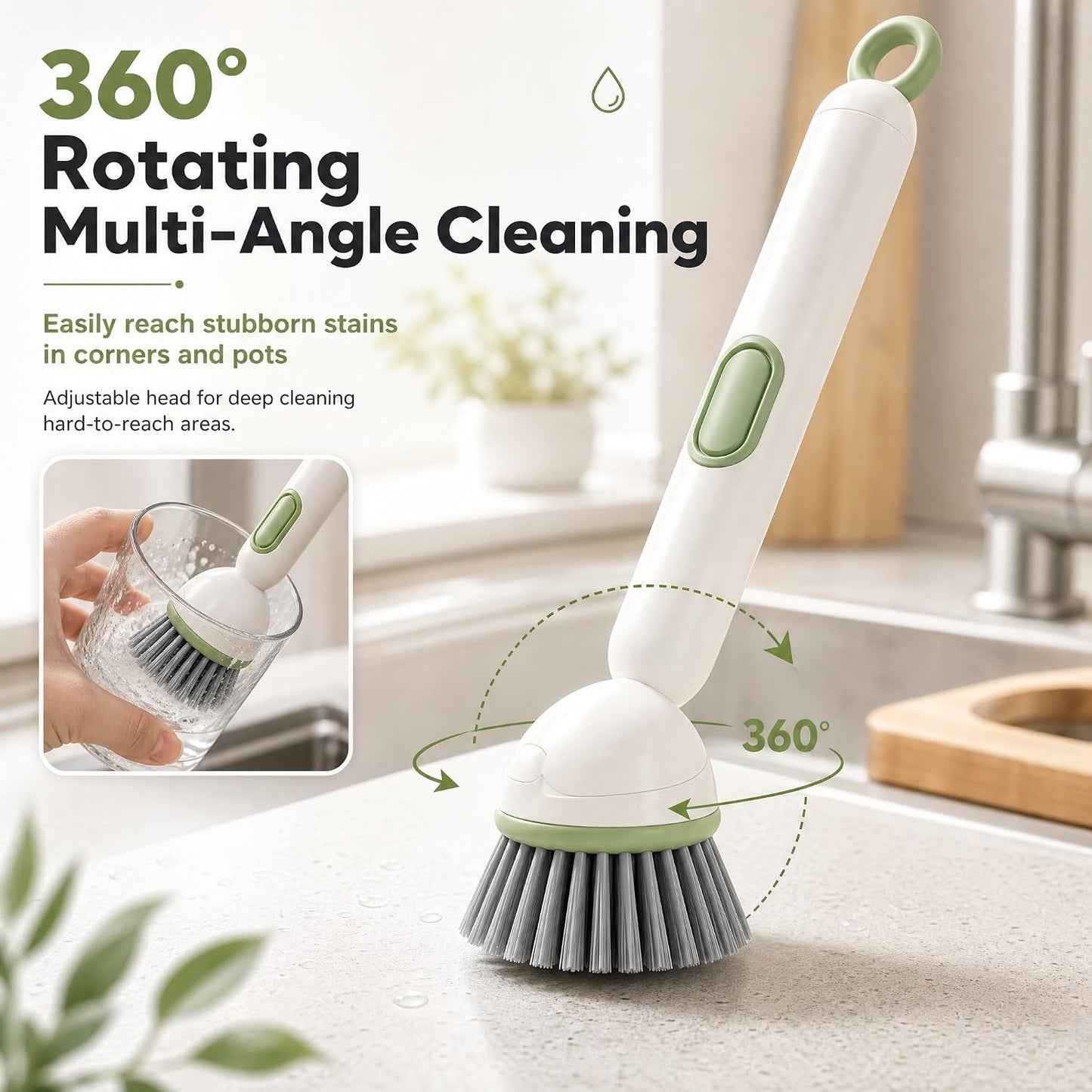 360° Rotating Dish Brush with Soap Dispenser – Non-Slip Long-Handle Kitchen Cleaning Brush