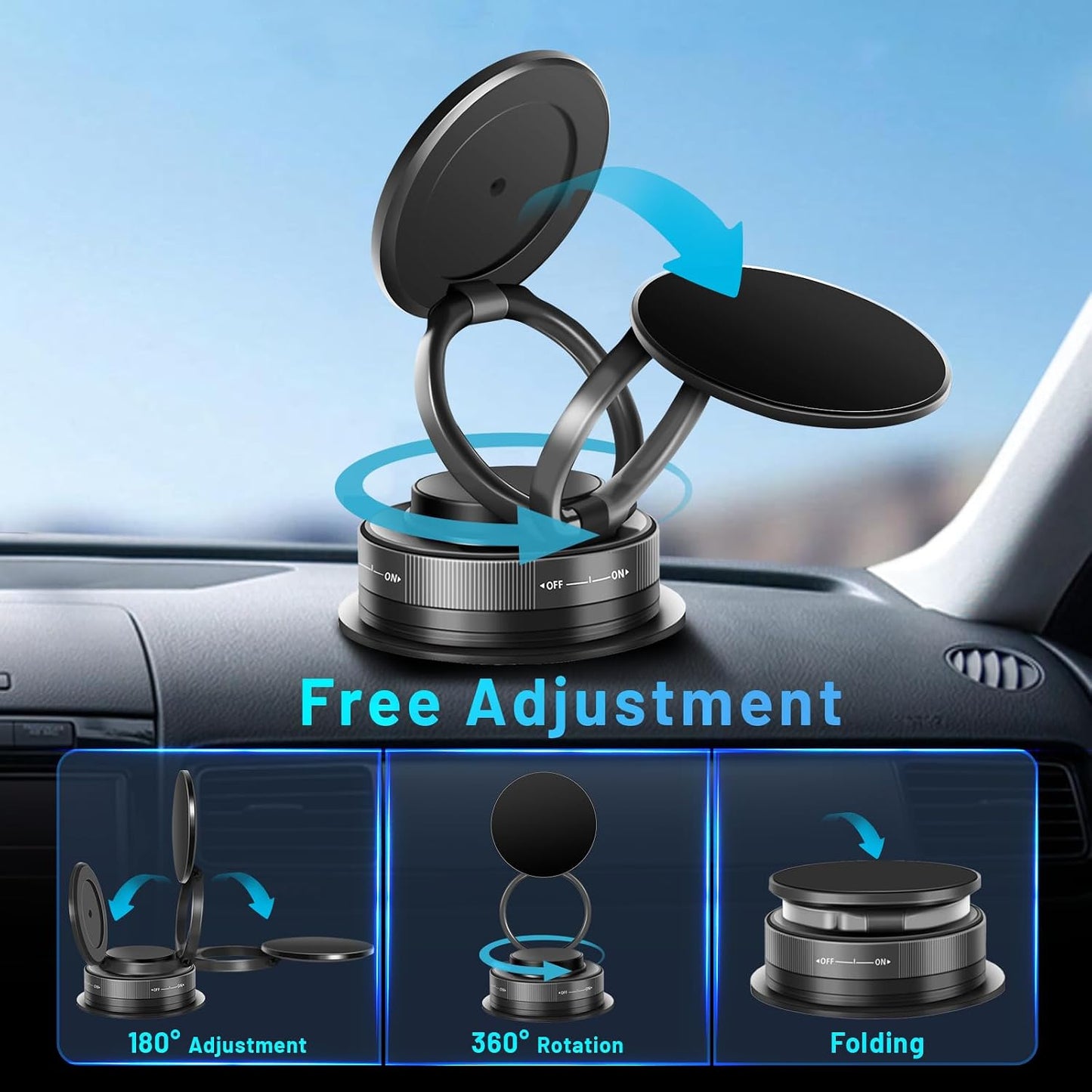 Magnetic Phone Holder — 360° adjustable, foldable design; suitable for various settings such as vehicles, wooden surfaces, mirrors, and walls.