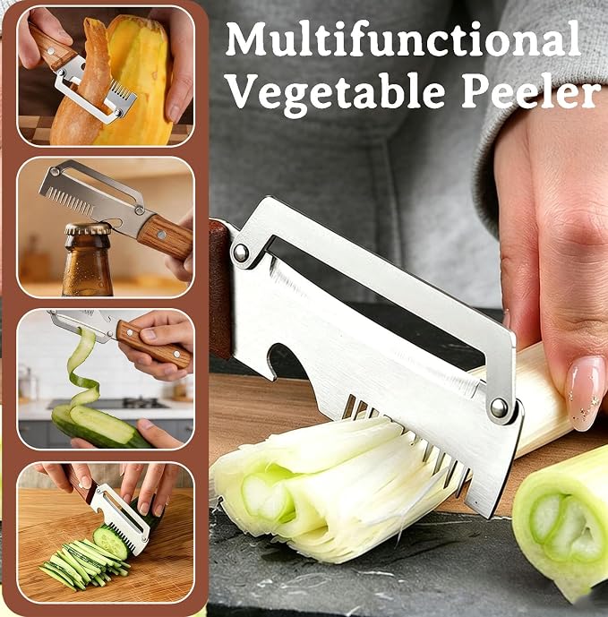 2 Pcs Multi-Functional Vegetable Peeler, Stainless Steel Thickened Fruit Peeler Knife with Wooden Handle & Bottle Opener, 2-in-1/3-in-1 Kitchen Tool for Home Cooking