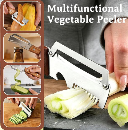 2 Pcs Multi-Functional Vegetable Peeler, Stainless Steel Thickened Fruit Peeler Knife with Wooden Handle & Bottle Opener, 2-in-1/3-in-1 Kitchen Tool for Home Cooking