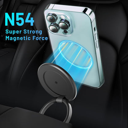 Magnetic Phone Holder — 360° adjustable, foldable design; suitable for various settings such as vehicles, wooden surfaces, mirrors, and walls.