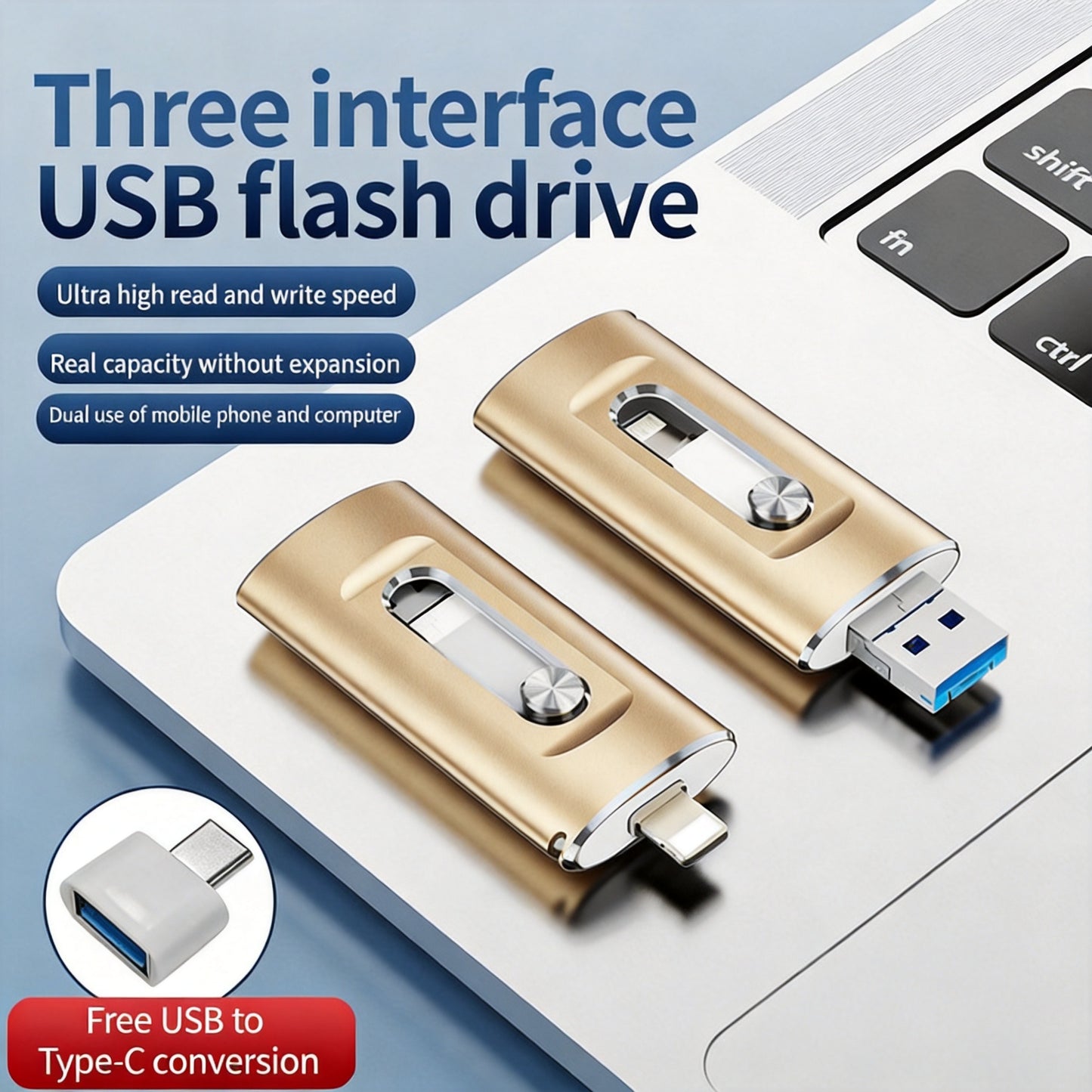 3-in-1 Phone & Computer Flash Drive 1TB, USB 3.0 Memory Stick for iPhone、iPad、Android、PC - High Speed Data Transfer