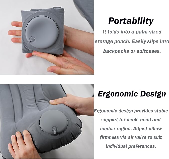 Inflatable Camping Pillow, Ultralight Travel Air Pillows for Camping (Grey)