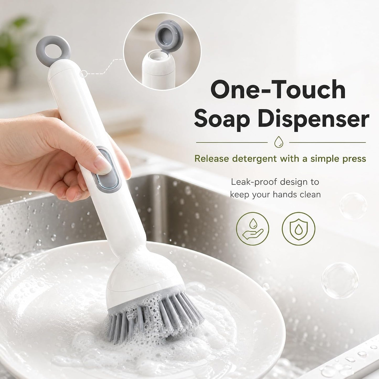 360° Rotating Dish Brush with Soap Dispenser – Non-Slip Long-Handle Kitchen Cleaning Brush