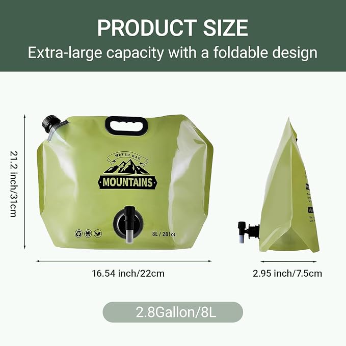Collapsible Water Container 8L/2.1 Gallon Camping Water Jug with Adjustable Faucet, Leakproof BPA Free Food Grade Water Bag for Camping Backpack Hiking Emergency Prep