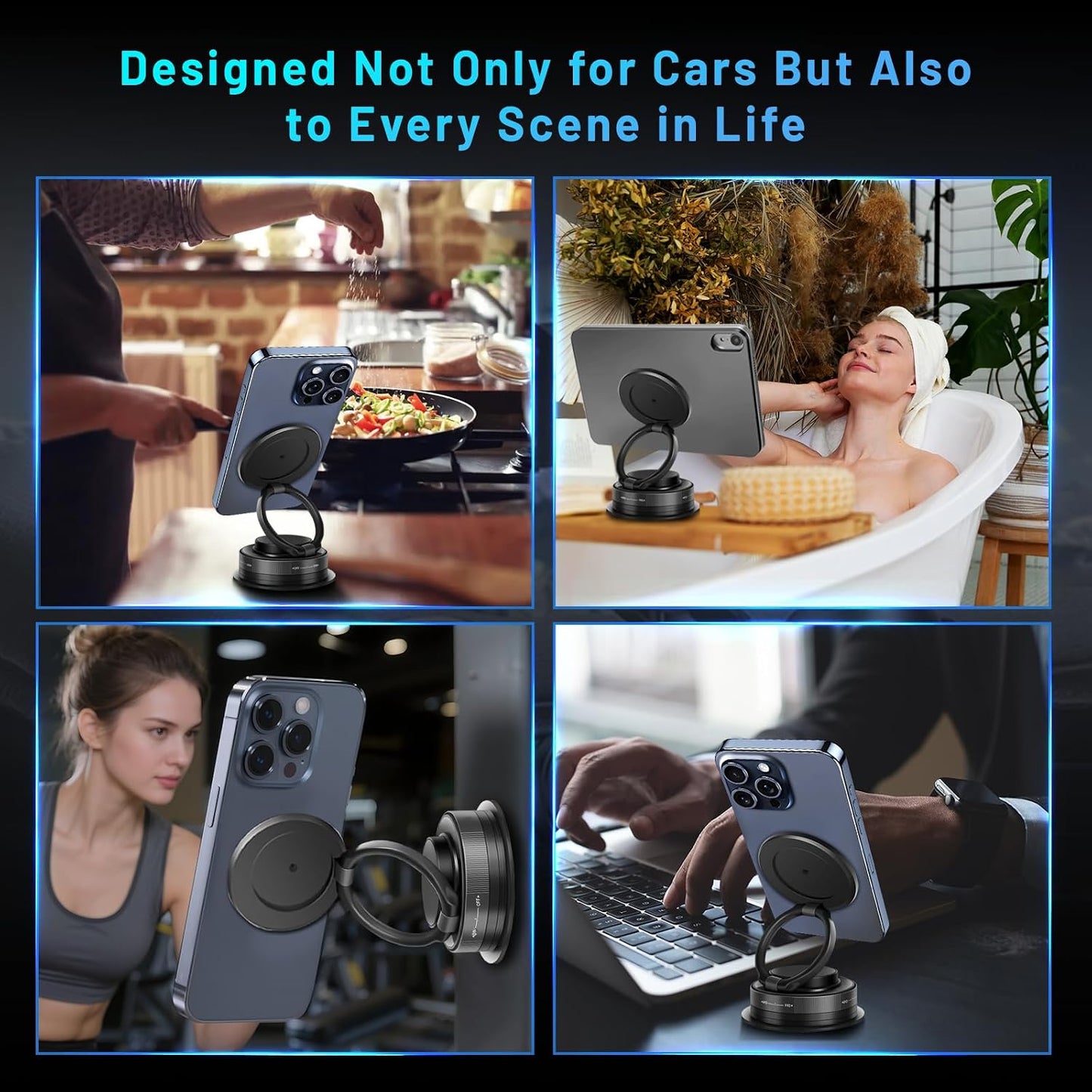 Magnetic Phone Holder — 360° adjustable, foldable design; suitable for various settings such as vehicles, wooden surfaces, mirrors, and walls.
