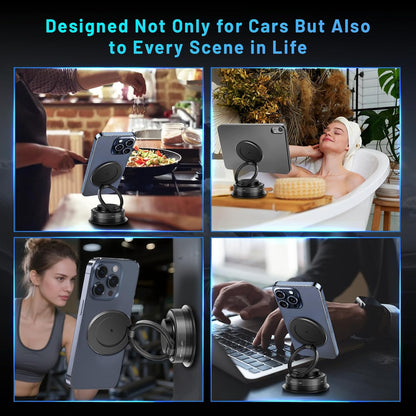 Magnetic Phone Holder — 360° adjustable, foldable design; suitable for various settings such as vehicles, wooden surfaces, mirrors, and walls.