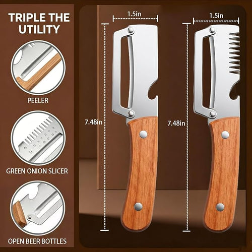 2 Pcs Multi-Functional Vegetable Peeler, Stainless Steel Thickened Fruit Peeler Knife with Wooden Handle & Bottle Opener, 2-in-1/3-in-1 Kitchen Tool for Home Cooking