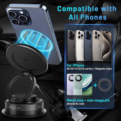 Magnetic Phone Holder — 360° adjustable, foldable design; suitable for various settings such as vehicles, wooden surfaces, mirrors, and walls.
