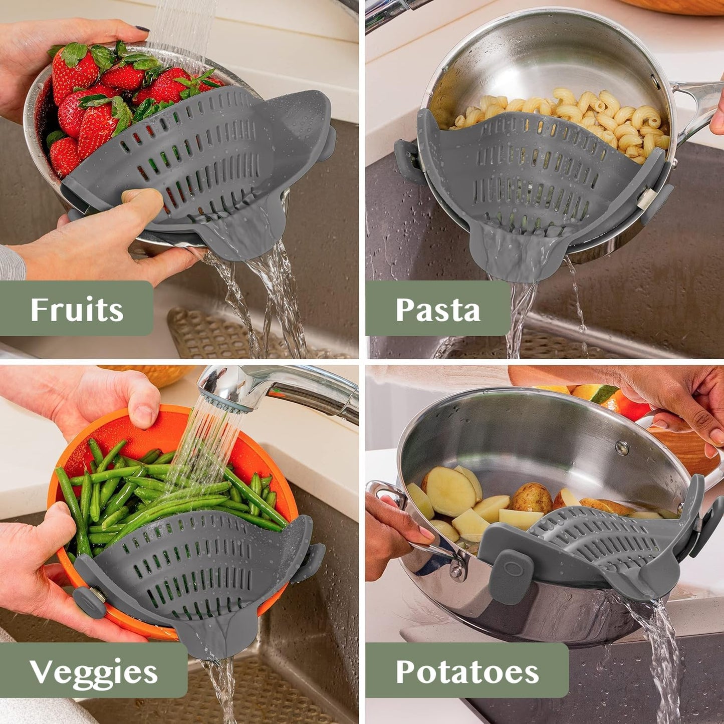 Silicone Clip-On Strainer – Pasta Strainer for Various Pots – Heat-Resistant Colander for Vegetables and Noodles