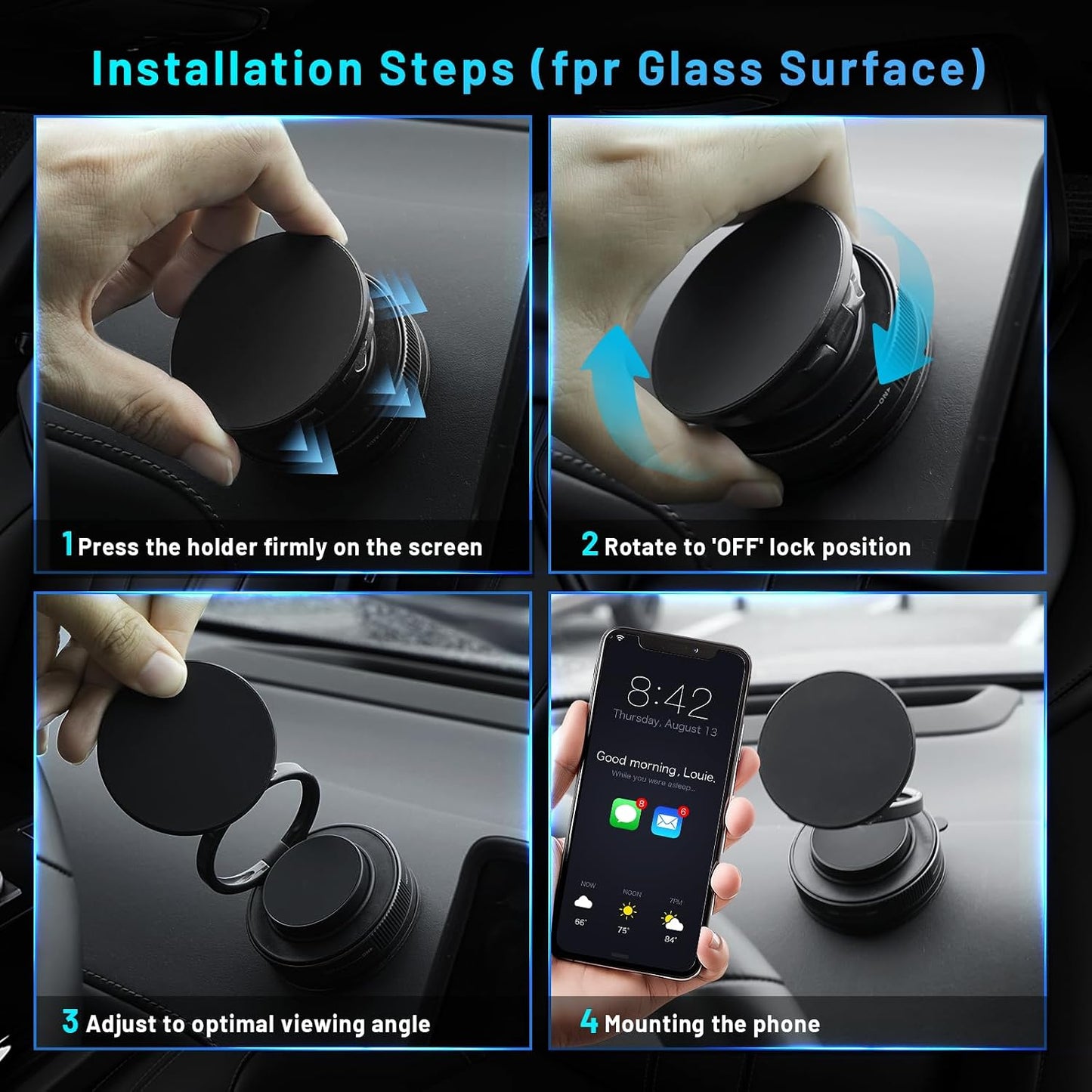 Magnetic Phone Holder — 360° adjustable, foldable design; suitable for various settings such as vehicles, wooden surfaces, mirrors, and walls.