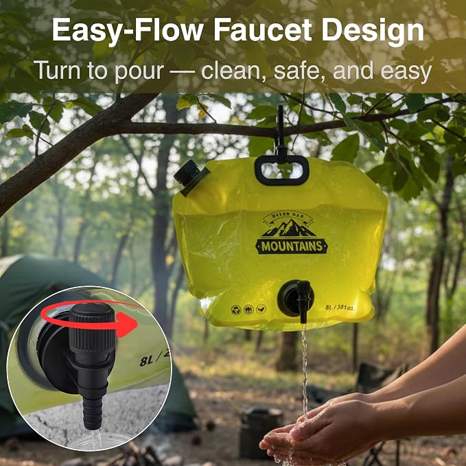 Collapsible Water Container 8L/2.1 Gallon Camping Water Jug with Adjustable Faucet, Leakproof BPA Free Food Grade Water Bag for Camping Backpack Hiking Emergency Prep