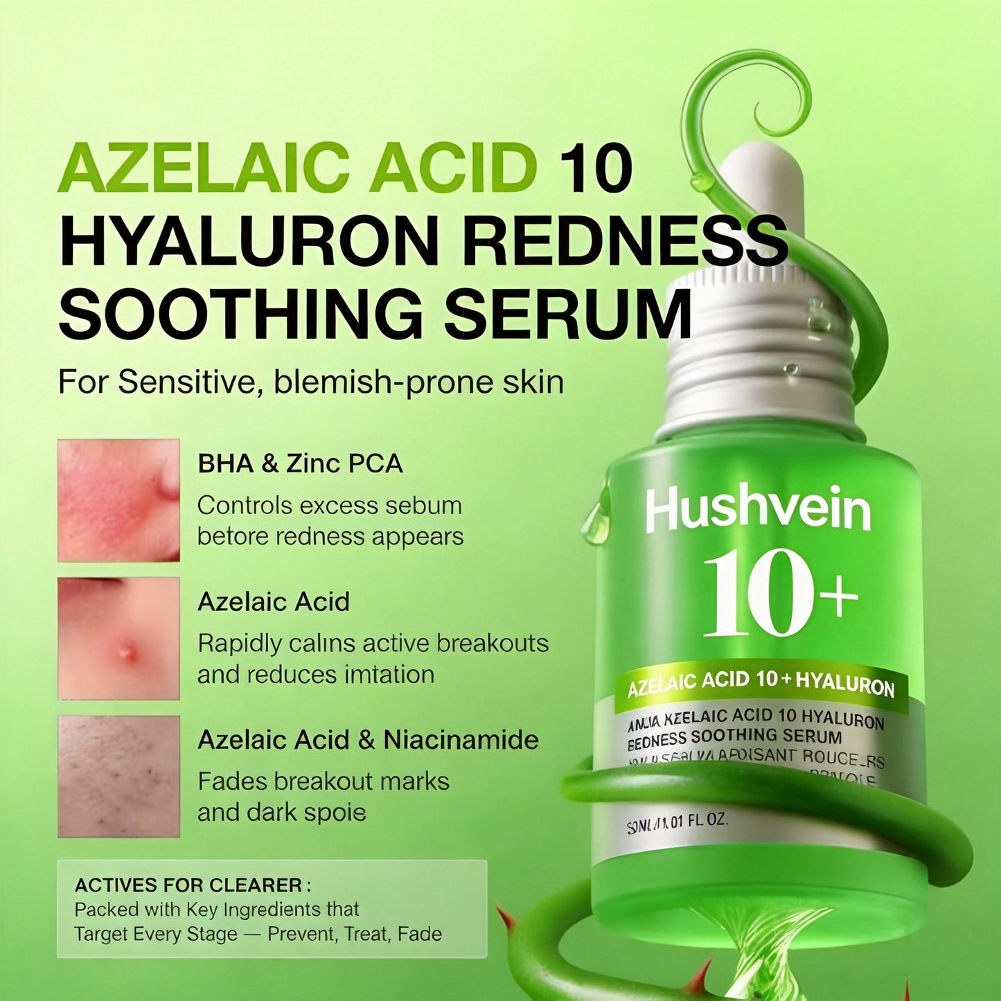 Hushvein 10% Azelaic Acid & Hyaluronic Acid Soothing & Redness-Relief Serum 30ml (1.01 fl.oz.) | Specially formulated for acne-prone and oily skin—soothes, reduces redness; suitable for sensitive and acne-prone skin