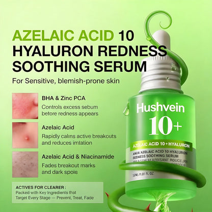 Hushvein 10% Azelaic Acid & Hyaluronic Acid Soothing & Redness-Relief Serum 30ml (1.01 fl.oz.) | Specially formulated for acne-prone and oily skin—soothes, reduces redness; suitable for sensitive and acne-prone skin