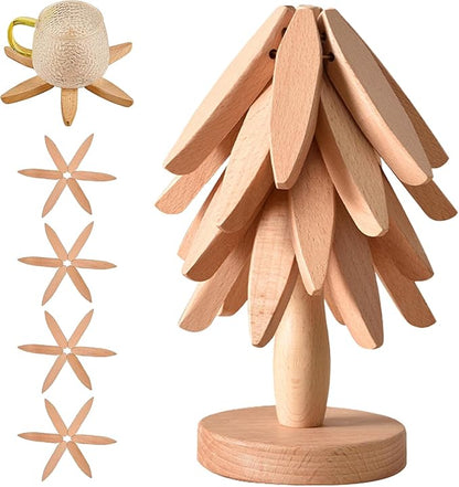 Wooden Heat-Resistant Trivet (Tree-Shaped Set) – Foldable Wooden Kitchen Trivet for Hot Dishes, Pots, Bowls, Teapots, and Hot Pots