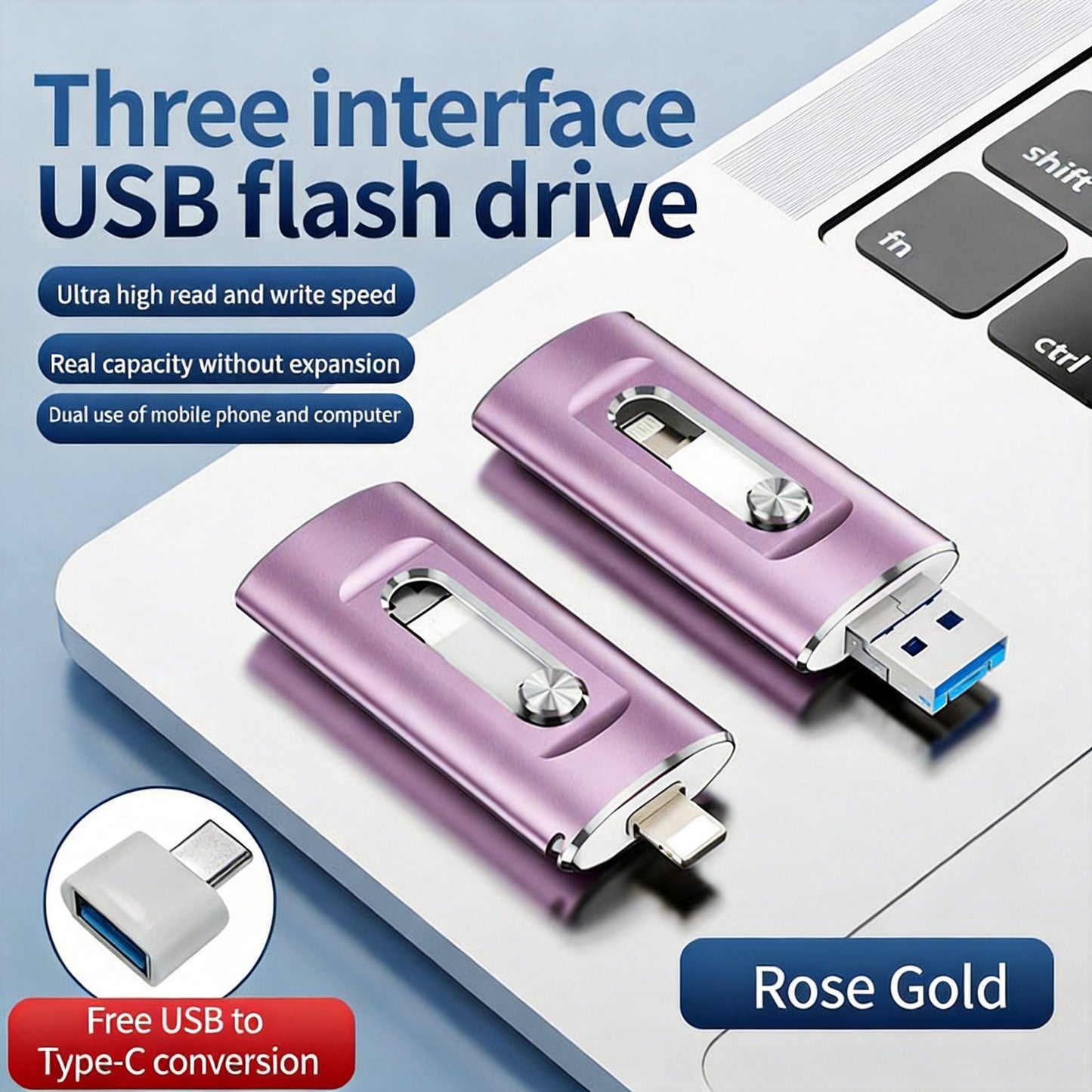 3-in-1 Phone & Computer Flash Drive 1TB, USB 3.0 Memory Stick for iPhone、iPad、Android、PC - High Speed Data Transfer